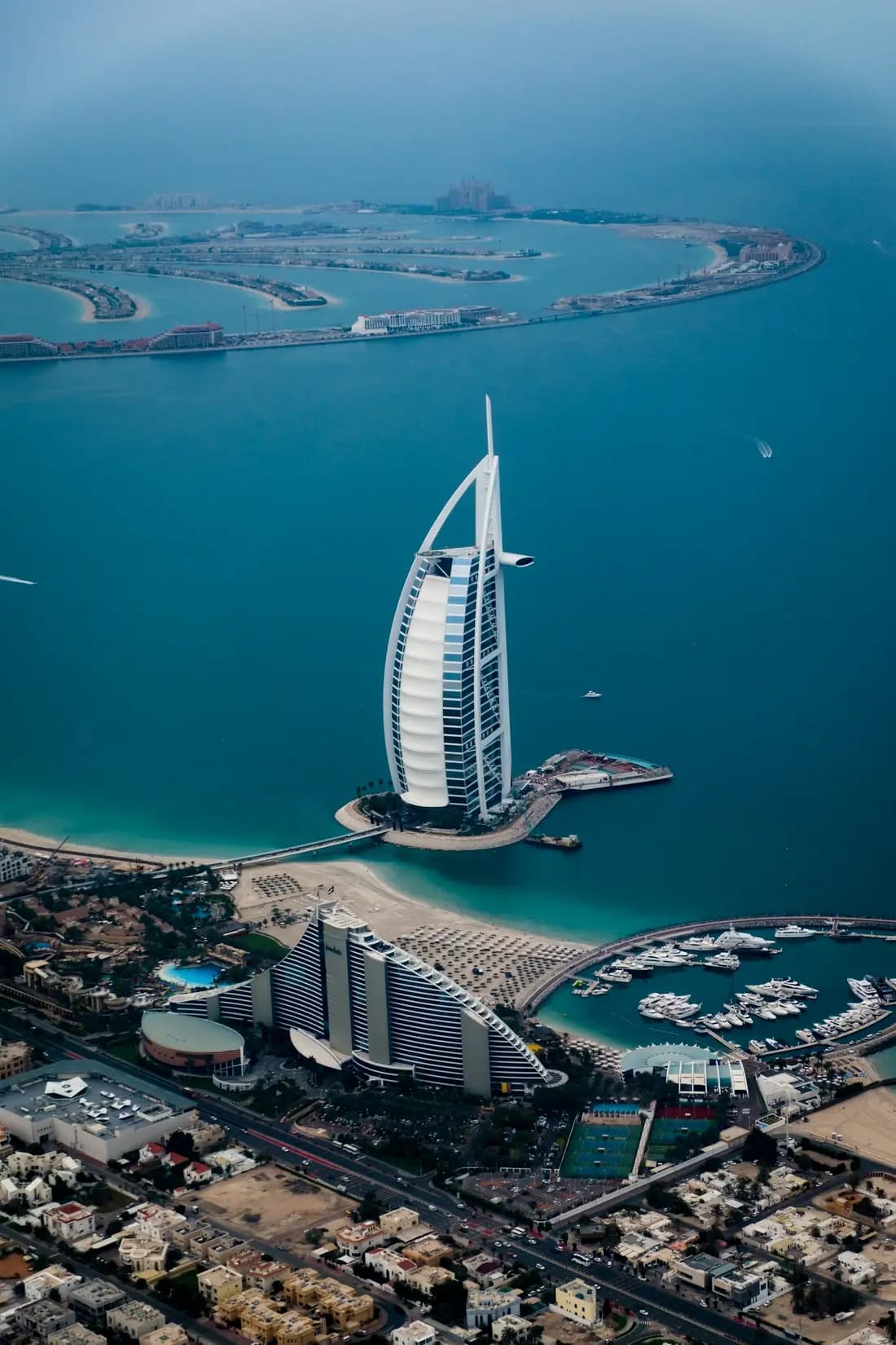 Aerial view of the Burj Al Arab and Palm Jumeirah in Dubai